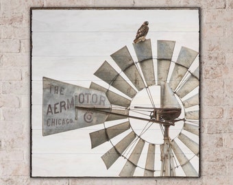 Old windmill photo on wood planks, wooden wall art for rustic western decor, wood print Aermotor windmill and red tailed hawk photography