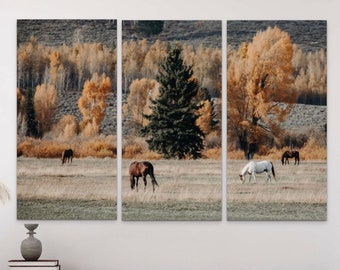 Three piece split canvas art, horse triptych, large 3 piece horse photo, oversized art for living room, western Wyoming scenic picture
