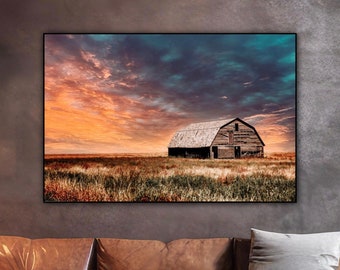 Old Barn Canvas Print - Rustic Wall Decor - Framed Photo Oklahoma Barn Print - Farmhouse Decor - Barn Sunset - Abandoned Barn Photo Print