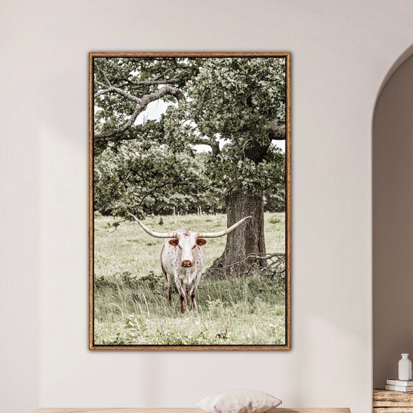 Vertical Longhorn Wall Art - Western Decor Office - Western Living Room Decor - Longhorn Cow Canvas Wall Art - Texas Longhorn Photography