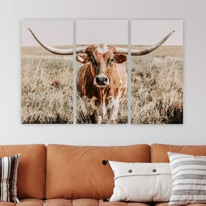 Triptych wall art 3 piece longhorn art western decor canvas | Etsy