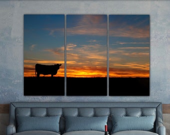 3 piece canvas wall art triptych, Black Angus western art for large wall, extra large print, western decor cow photo, oversized gallery wall