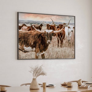 Wall Art Canvas - Framed Longhorn Wall Art - Western Decor Cow Canvas Print - Western Living Room Decor - Large Western Art for Office