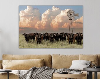 Black Angus canvas wall art cows and old windmill, Angus photo print, gift for rancher, ranch art, rustic western country decor ©Teri James