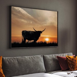 Texas Longhorn Art - Unique Western Art - Western Decor Office - Large Cow Canvas Print - Cattle Photography - Oklahoma Sunset Print