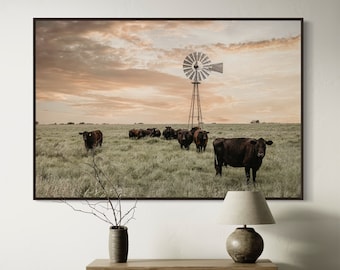Windmill Photo - Black Angus Wall Art - Angus Cows and Old Windmill - Farmhouse Kitchen Wall Decor - Western Wall Art Cattle Photography