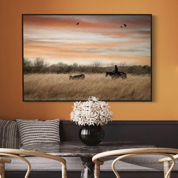 Oklahoma State Cowboy and Horse Art Print - Longhorn and OSU Cowboy Canvas - Chisholm Trail - Cattle Silhouette Western Decor Canvas