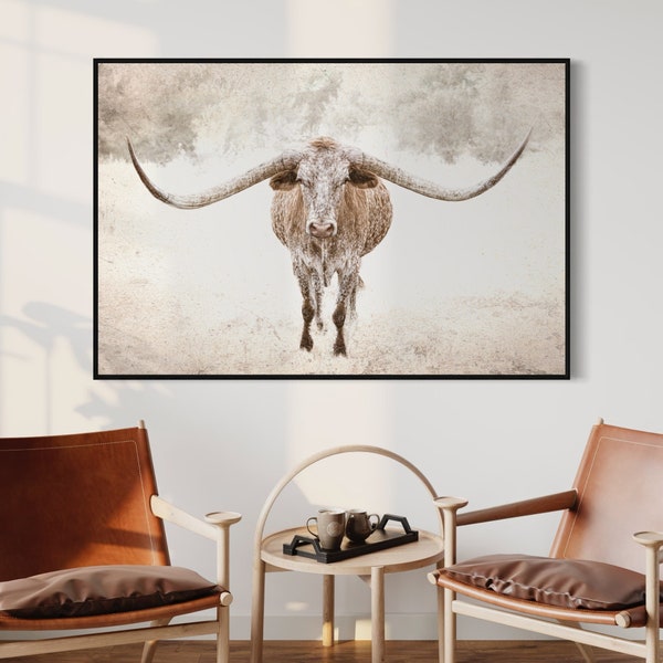 Texas Farmhouse Longhorn Wall Art - Western Home Decor Large Longhorn Canvas - Cow Photo Print - Western Office Decor - Western Living Room