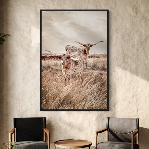 Vertical Canvas Longhorn Wall Art - Farmhouse Decor - Western Living Room - Cow Canvas Wall Art - Texas Longhorn Cattle Photography Oversize