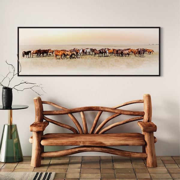 Large Panoramic Wall Art - Wild Horse Canvas Print - Horizontal Panorama Horse Photo - Framed Western Living Room Decor - Rustic Framed Art