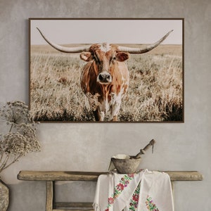 Texas Longhorn Wall Art - Large Cow Canvas Print- Western Decor Wall Art - Fireplace Mantle Art - Farmhouse Kitchen Dining Room Decor
