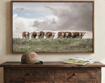 Hereford Cow Art Canvas - Western Home Decor Hereford Cattle Picture - Wall Art for Country Kitchen Dining Room Decor - Ranch Home Wall Art