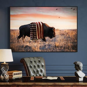 Patriotic Wall Art Bison Canvas Print - American Buffalo USA Flag Canvas - Bison Wall Art - Western Decor Framed Patriotic Art Made in USA