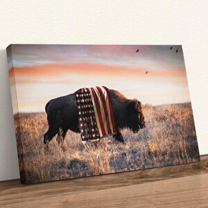 Patriotic Wall Art Bison Canvas Print - American Buffalo USA Flag Canvas - Bison Wall Art - Western Decor Framed Patriotic Art Made in USA Canvas-Unframed