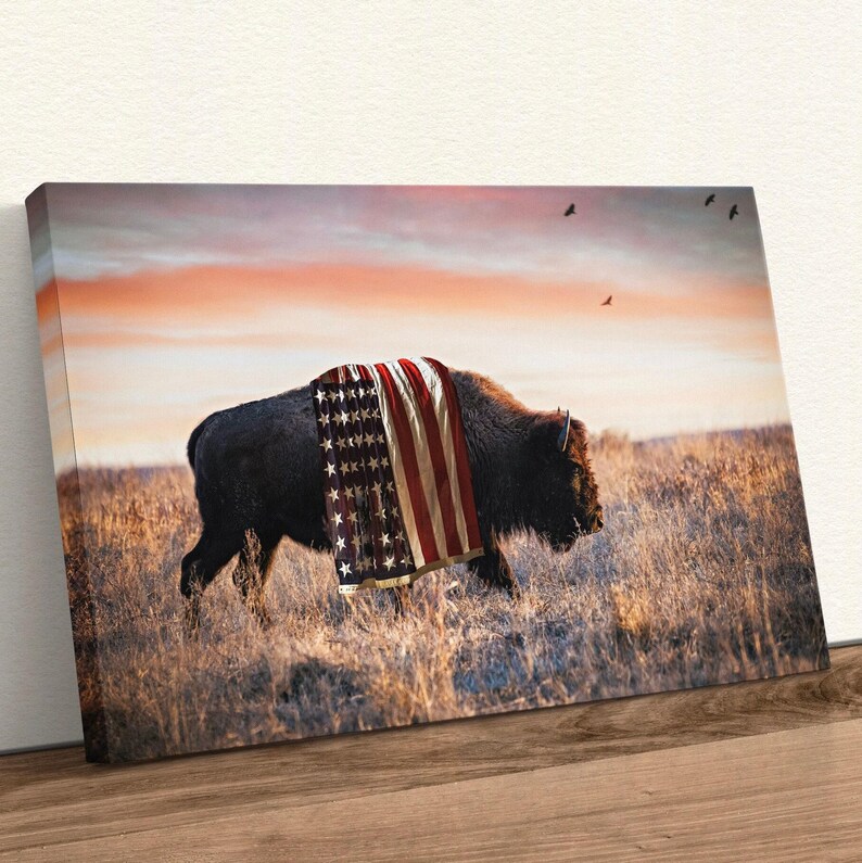 Patriotic Wall Art Bison Canvas Print - American Buffalo USA Flag Canvas - Bison Wall Art - Western Decor Framed Patriotic Art Made in USA Canvas-Unframed
