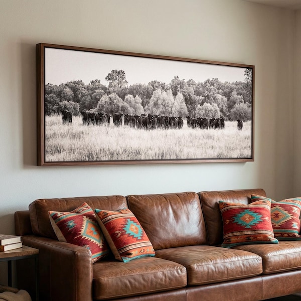 Black & White Angus Cow Panoramic Photo - Large Wrapped Canvas Wall Art - Ranch Style Decor - Western Framed Art - Panorama Cow Print