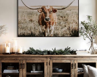 Longhorn Cow Print - Longhorn Canvas Print - Western Home Decor Cow Picture - Neutral Farmhouse Colors - ©Teri James - Cowboy Canvas Framed