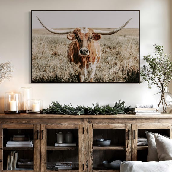 Longhorn Cow Print - Longhorn Canvas Print - Western Home Decor Cow Picture - Neutral Farmhouse Colors - ©Teri James - Cowboy Canvas Framed