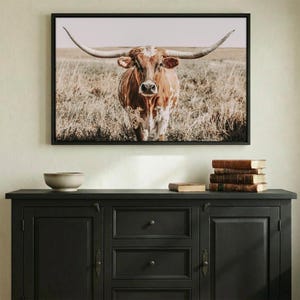Texas Longhorn Canvas Print, Neutral Western Cow Wall Art, Rustic Farmhouse Decor image 1
