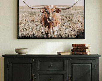 Texas Longhorn Canvas Print, Neutral Western Cow Wall Art, Rustic Farmhouse Decor