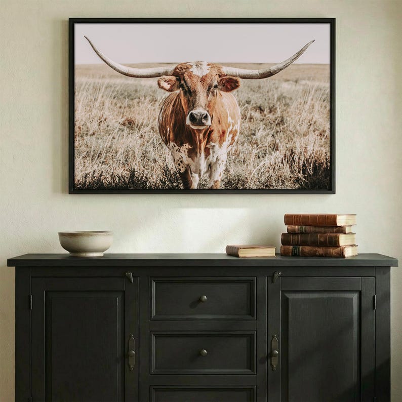 Texas Longhorn Canvas Print, Neutral Western Cow Wall Art, Rustic Farmhouse Decor image 1