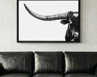Black and White Longhorn Western Wall Art - Texas Longhorn Canvas Wall Decor - Austin UT Gift for Alumni - Texas Dorm Decor