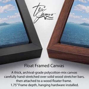 two different framed canvases, one with a black frame and the other with a brown frame, both displaying a water view. The text below the image provides information about the canvases, stating that they are " Float Framed Canvases" and that they are made of a "thick, archival-grade polycotton-mix canvas carefully hand-stretched over solid wood stretcher bars, then attached to a wood floater frame. 1.75" Frame depth, hanging hardware installed."