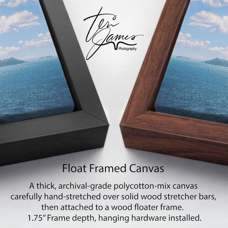 two different framed canvases, one with a black frame and the other with a brown frame, both displaying a water view. The text below the image provides information about the canvases, stating that they are " Float Framed Canvases" and that they are made of a "thick, archival-grade polycotton-mix canvas carefully hand-stretched over solid wood stretcher bars, then attached to a wood floater frame. 1.75" Frame depth, hanging hardware installed."