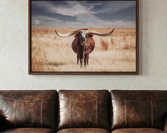 Texas Decor Longhorn Bull Canvas Wall Art - Large Western Office Decor Artwork Picture - Cattle Photography for Farmhouse Style