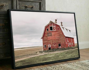 Patriotic Wall Art - Old Red Barn and American Flag Canvas Print - Rustic Framed Americana Picture