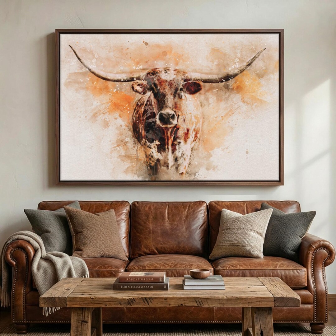 Watercolor Longhorn Painting - Longhorn Cow Wall Art Canvas - Modern ...