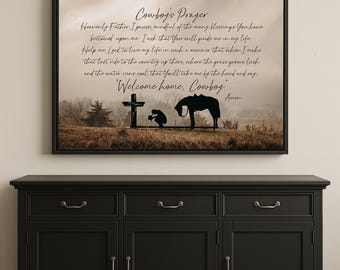 Cowboy Prayer Wall Art, Christian Western Canvas Print, Rustic Faith Decor, Religious Artwork