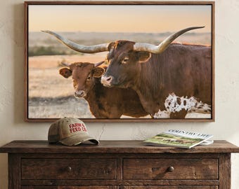 Longhorn Wall Art - Western Office Decor - Large Texas Longhorn Cow Calf Print - Western Living Room Decor - Floating Frame Canvas Picture