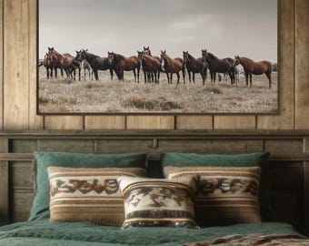 Panoramic Wild Horse Float Framed Canvas Photo - Framed Western Wall Art - Large Panorama Horse Picture for Rustic Decor - Horse Print
