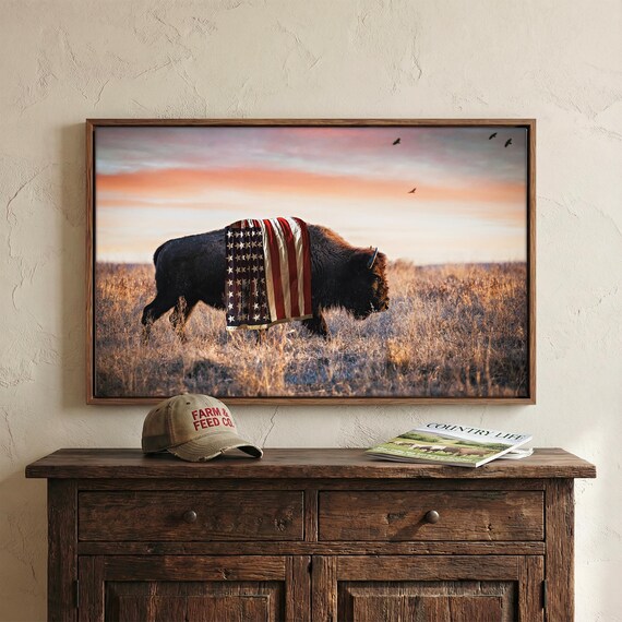 Patriotic Wall Art Bison Canvas Print - American Buffalo USA Flag Canvas - Bison Wall Art - Western Decor Framed Patriotic Art Made in USA