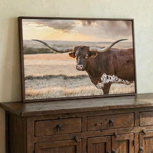 Longhorn Wall Art - Texas Longhorn Cow Canvas Print - Western Statement Piece for Office - Float Framed Southwest Artwork for Living Room