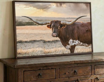Longhorn Wall Art - Texas Longhorn Cow Canvas Print - Western Statement Piece for Office