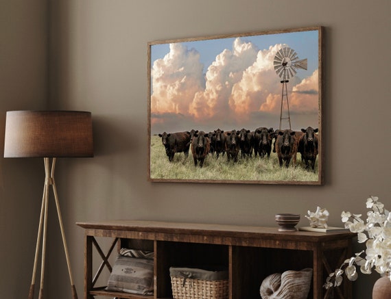 Old windmill and Black Angus cattle, cow canvas photo wall art, western  home decor, above couch wall decor, rustic wall art
