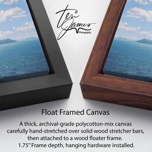 two different framed canvases, one with a black frame and the other with a brown frame, both displaying a water view. The text below the image provides information about the canvases, stating that they are " Float Framed Canvases" and that they are made of a "thick, archival-grade polycotton-mix canvas carefully hand-stretched over solid wood stretcher bars, then attached to a wood floater frame. 1.75" Frame depth, hanging hardware installed."