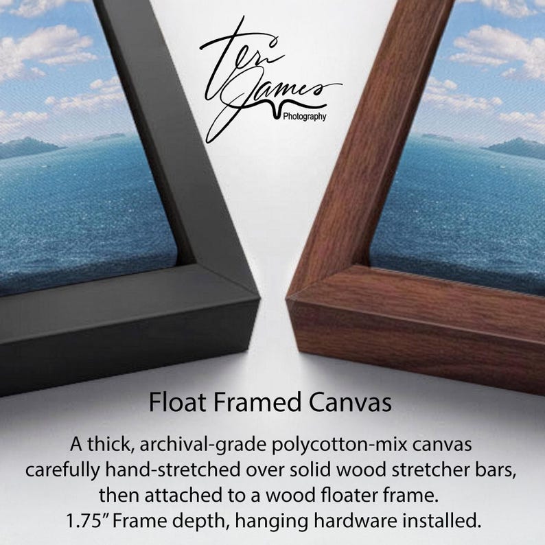 two different framed canvases, one with a black frame and the other with a brown frame, both displaying a water view. The text below the image provides information about the canvases, stating that they are " Float Framed Canvases" and that they are made of a "thick, archival-grade polycotton-mix canvas carefully hand-stretched over solid wood stretcher bars, then attached to a wood floater frame. 1.75" Frame depth, hanging hardware installed."