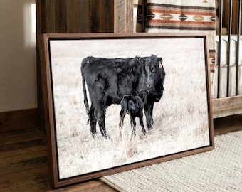 Black Angus Cow Calf Canvas Gallery Wrap Print - Western Nursery Decor - Large Angus Cattle Artwork - Cowboy or Cowgirl Wall Art