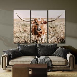 Western Decor - Extra Large 3 Piece Wall Art Triptych - Texas Longhorn Wall Art for Oversized Wall Decor - Western Triptych Canvas Three