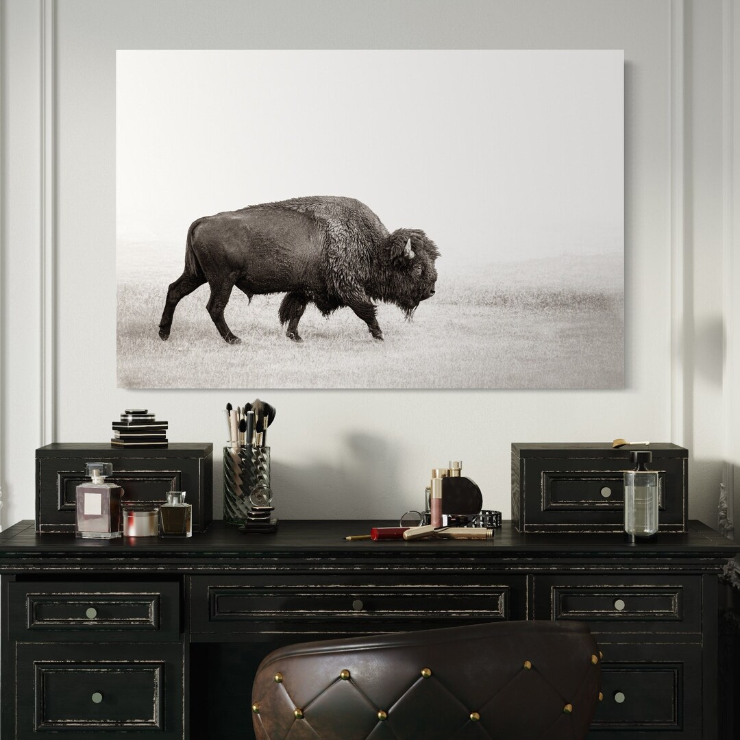 Buffalo Canvas Black and White Bison Wall Art Minimalist Decor Sepia ...