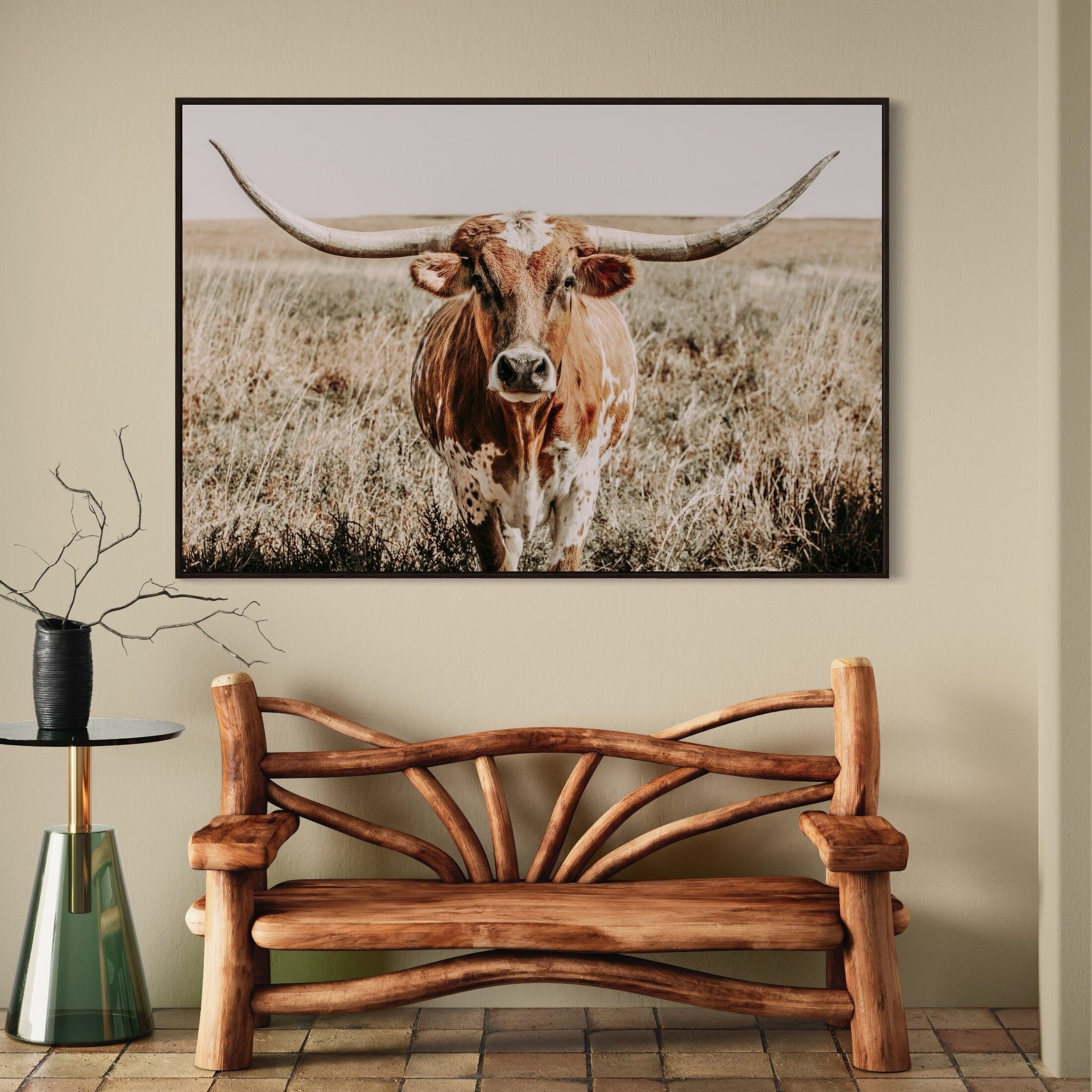 Longhorn Cow Print - Longhorn Canvas Print - Western Home Decor Cow Picture - Neutral Farmhouse Colors - Barn Wood Frames ©Teri James