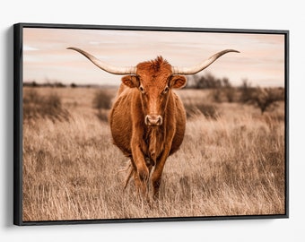 Southwest style art, Texas Longhorn canvas print, cow decor art for over the couch or fireplace, large western framed print, cattle art