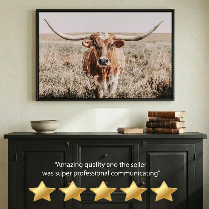 May include: A framed wall art print featuring a longhorn cow standing in a dry, grassy field. The cow has a brown and white coat with long, curved horns. The artwork is displayed in a black frame above a dark cabinet with a stack of books.