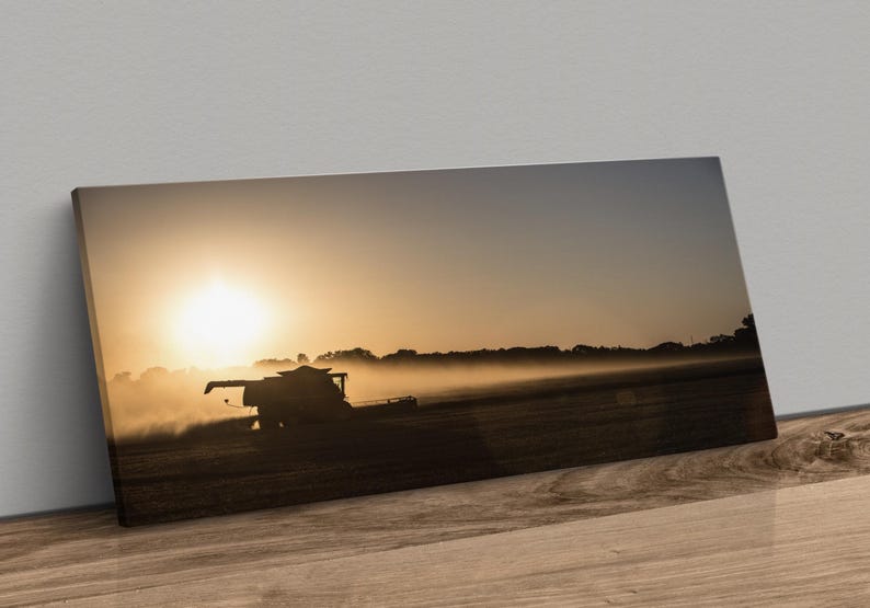 Farm Wall Art Panorama - Oklahoma Wheat Harvest Print - Farm Decor Canvas Wall Art - John Deere Combine Photo - Oversize Farmhouse Canvas Canvas-Unframed