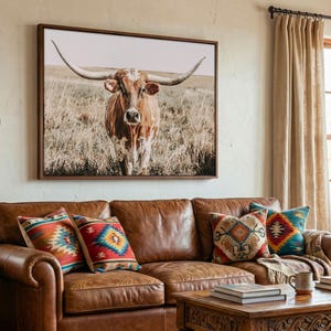 Texas Longhorn Canvas Print, Neutral Western Cow Wall Art, Rustic Farmhouse Decor image 2