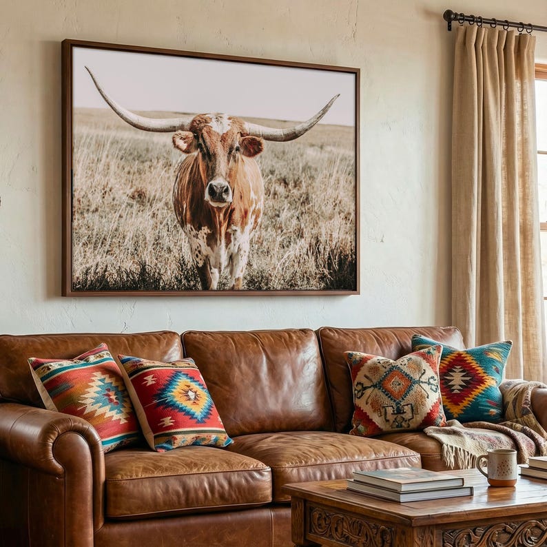 Texas Longhorn Canvas Print, Neutral Western Cow Wall Art, Rustic Farmhouse Decor image 2