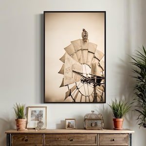 Rustic Decor Wall Art - Farmhouse Windmill Canvas Print - Vertical Windmill Photo - Old Windmill and Hawk Sepia Canvas in Float Frame
